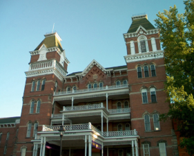 The main building had two towers and three outdoor balconies.