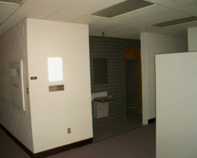 Shadowy apparitions have been spotted near this restroom in a former activities area.