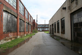 The original B&T Metals building on the left and a newer extrusion building on the right. Straight ahead is the Eickholt Glass factory.