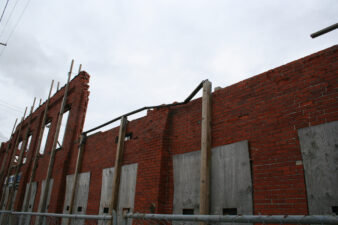 This portion of the factory collapsed in 2004. Support beams held up the remaining portion of the wall.