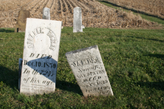 The tombstones of Abraham and James Bowers. James' tombstone on the right was the oldest standing marker we found during our visit, dating to 1825.