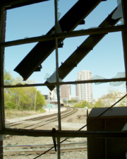 The downtown skyline looking out of the east window of the first floor.