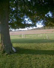 A grouping of older tombstones faced toward the sunset.