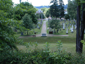 The view from the top of Conus Mound, looking toward the main entrance of the cemetery.