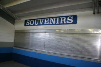 A souvenir stand where fans could purchase their favorite team's gear.