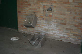 A couple of busted drinking fountains near the restrooms.