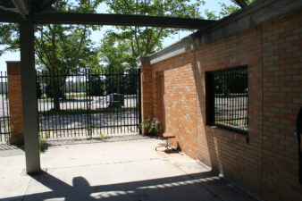 Looking out of the gates toward the parking lot.