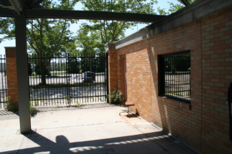 Looking out of the gates toward the parking lot.