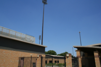 Looking east through the main gates at the pavilion.