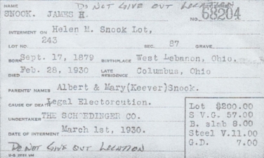 Green Lawn Cemetery's burial record for James H. Snook. "Do not give out location" was written on the top and bottom.