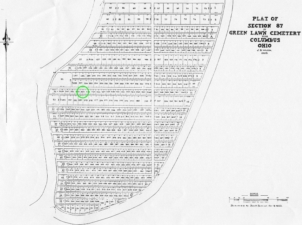 The plat map for Section 87. Snook's lot is marked with a green circle.