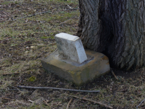 This small tombstone was located at the base of a large tree. Unfortunately, the stone was too worn to make out any details.
