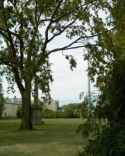 The cemetery was surrounded by industrial buildings.