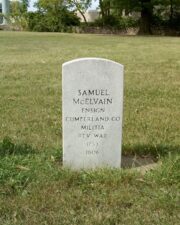 The replacement stone for Revolutionary War veteran Samuel McElvain, who died in 1806. Samuel was a pioneer his entire life and friends with Andrew Jackson, Daniel Boone and the first Benjamin Harrison.
