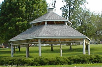 The large gazebo on the other side of the creek is a popular location for summer weddings.