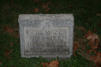 The tombstone of Rosie and Anna Mazzie in nearby Glencoe Cemetery. The sisters were killed by a train at the tunnel in 1930.