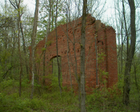 One of the only remaining walls of the plant was surrounded by a wooded area.