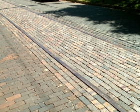 Bricks were placed around the rails after the interurban line closed.