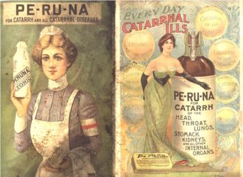 An old Peruna ad containing depictions of both the liquid form and tablet form of the Cure-All drug.