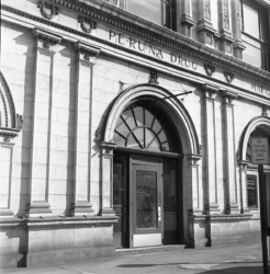Peruna Drug was etched above the doorway, circa 1961.