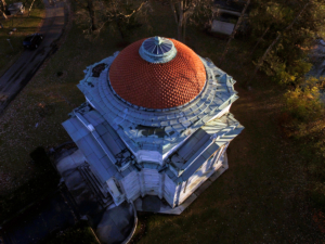 An aerial photo of the Hayden Mausoleum in December 2017.