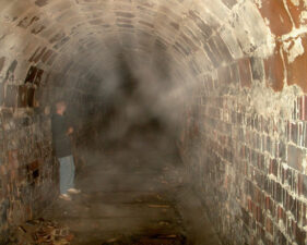 Taken just after we climbed down a pile of debris and into the tunnel. The mist is likely due to our breath and is normal for the tunnel.
