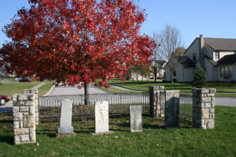 The four standing tombstones of Hiestand Cemetery.