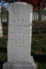 The tombstone of Mary Hiestand. She died on August 31, 1894 at 69-years-old.
