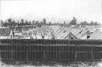 This drawing was a view of the prisoner camp that housed Confederate soldiers.