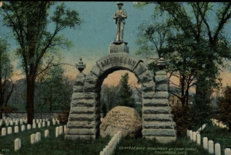 A color postcard of the Confederate Monument at Camp Chase.