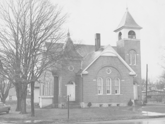 The Lockbourne Methodist Church stands across from the Masonic Temple. It appears speakers have replaced the bell in the belfry as early as this 1956 photo.