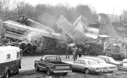 The aftermath of a Norfolk & Western train derailment at the bridge over Commerce Street in 1982. Luckily, no injuries were reported.