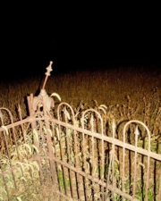 The corner of the iron fence at the rear of the cemetery.