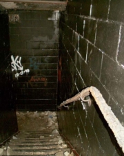 This very dark stairway led to the downstairs floor. The basement was still flooded.