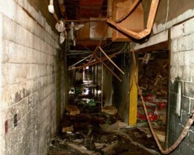 The hallway on the ground floor was full of trash and was partially flooded. Lots of means were coming down from the ceiling.