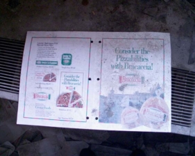 The front and back of a pizza brochure that was left behind.