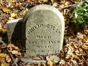 The tombstone for Philip Lilly, who died on November 23, 1869 at 21-years-old.
