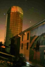 A look at the barn's silo in the dark.
