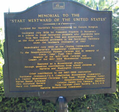 This plaque was in Muskingum Park. Presidents Theodore Roosevelt and W.H. Taft spoke here in 1912. In 1938, President Franklin Roosevelt dedicated the "Start Westward" monument pictured. It was rededicated in 1988.
