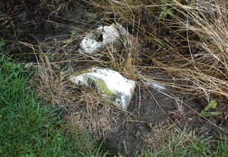 A worn and broken stone along the fence line.