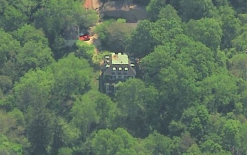 An aerial view of the front of Mooney's Mansion.