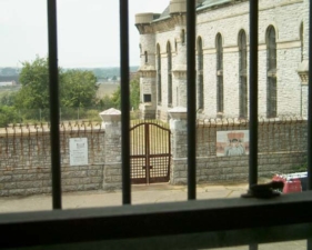 The false wall as seen from the administration building.