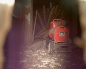 An old generator was inside the school along with other miscellaneous junk.