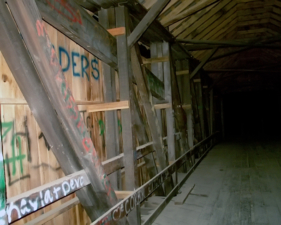 The interior walls were covered with graffiti.