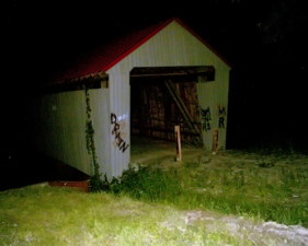 The southern face of the old humpback covered bridge.