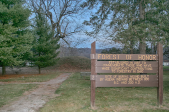 This sign commemorated contributors to Ohio's forestry and the Adena mound located in the park.