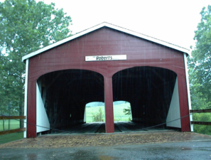 The front view of the only double-barreled covered bridge in Ohio.