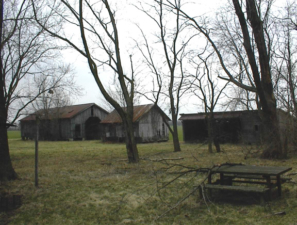 Various outbuildings behind the home.