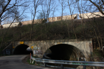 Most of the cars on the train were hopper style or gondola cars.