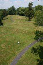 The view of Serpent Mound from the top of the observation tower looking toward the head.